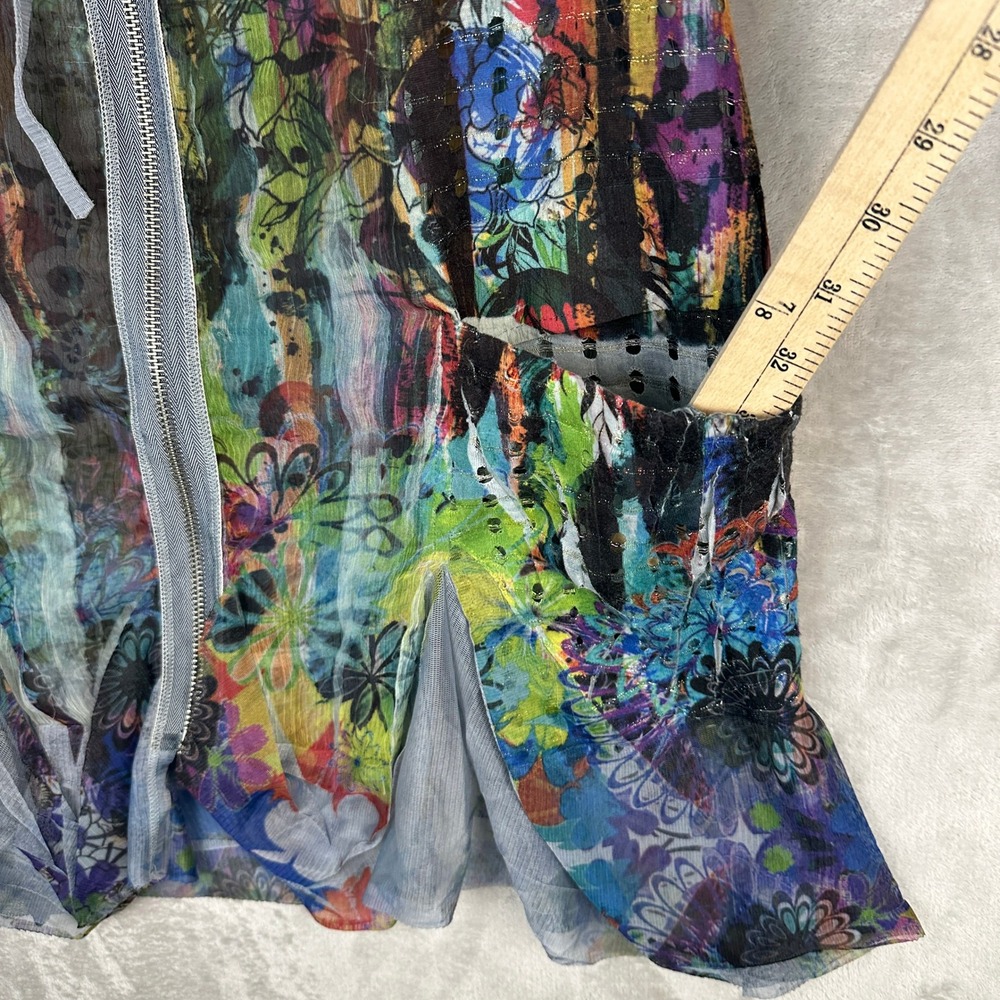Fleur De Lis Colorful Watercolor Inspired Zip Front Sheer Tunic Top Size Small - Picture 2 of 9